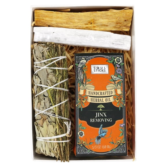Soul Sticks Intention's Kit Jinx Removing Gift Set with Sage, Spell Herbal Oil, Palo Santo Stick and 4" Selenite Wand Smudge Set in White Gift Box