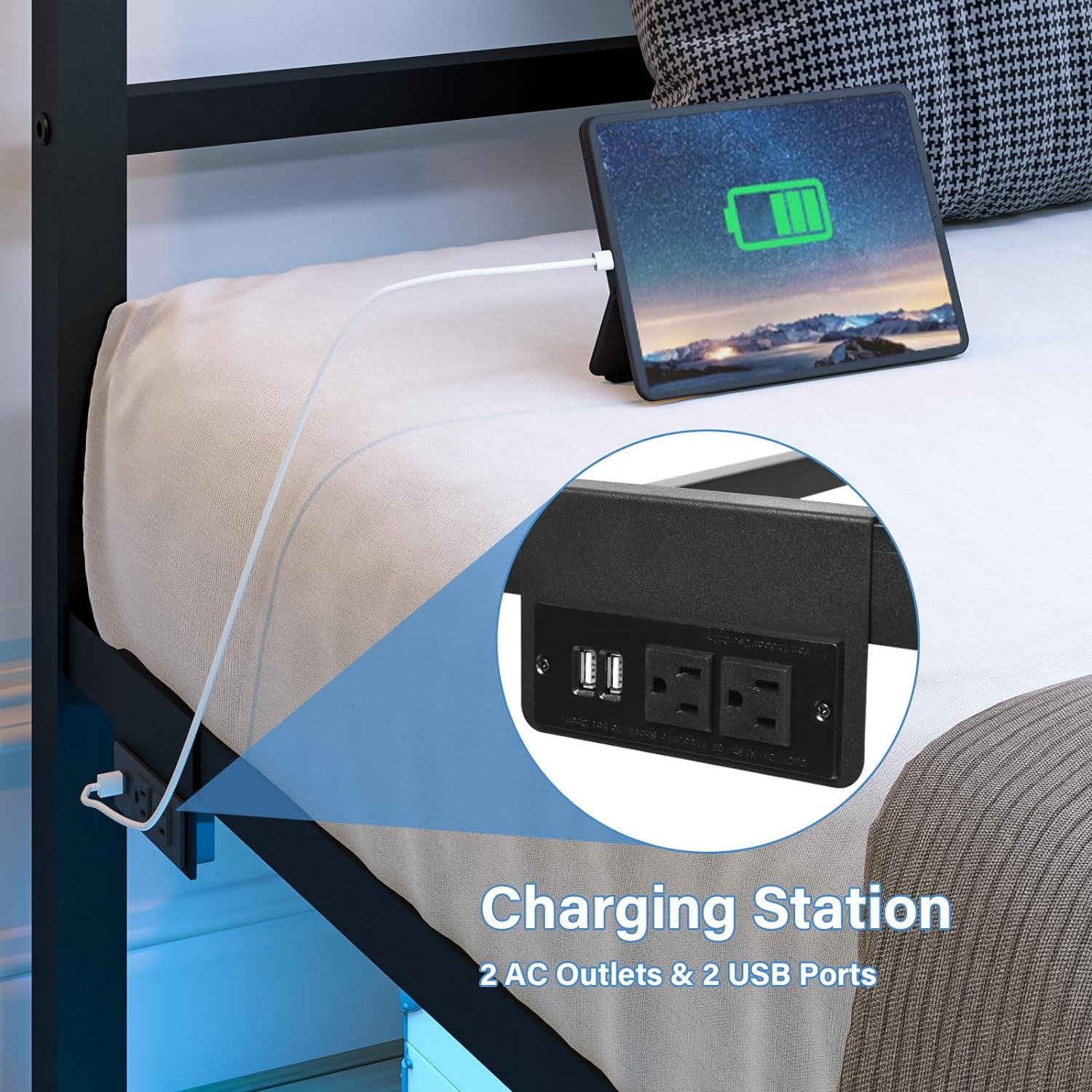 4 Ever Twin Size Metal Bed Frame with USB Charging, LED Lights, Heavy Duty, No Box Spring Required, Black