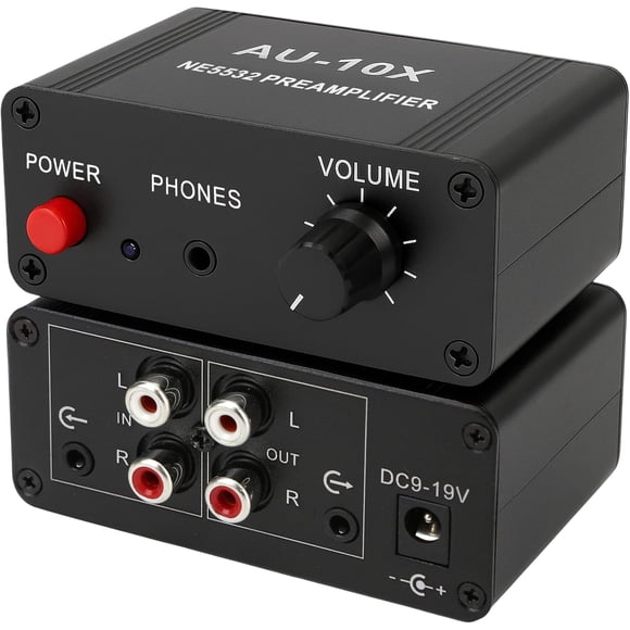 12V RCA Preamplifier, Audio Phono Preamp, Mini Stereo Headphone Signal Home Amplifier, Gain 20dB for Turntable Pre amp Dual OP AMP AUX10X NE5532, Input to 3.5mm Output, Power Adapter is NOT Included