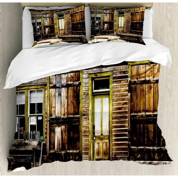 Rustic Decor King Size Duvet Cover Set, Old Wooden Plank House with Antique Door and Windows with Stones on Rocky Street, Decorative 3 Piece Bedding Set with 2 Pillow Shams, Brown, by Ambesonne
