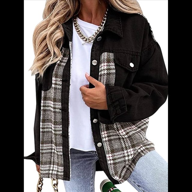 Chaqueta Vaquera Estilo Boyfriend, Informal, de Larga, con Botones y Bolsillos, para Mujer Negro L