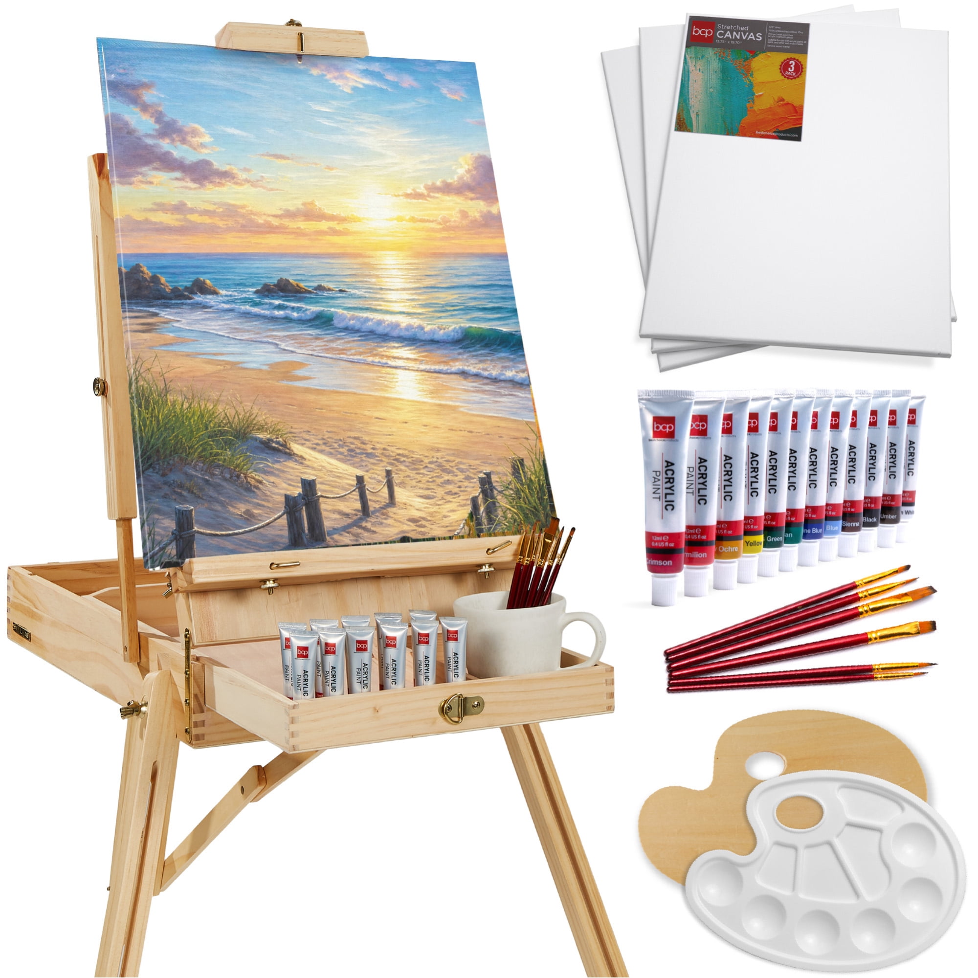 Best Choice Products Art Easel for Painting, Portable Adjustable Tripod with 32-Piece Art Set - Natural