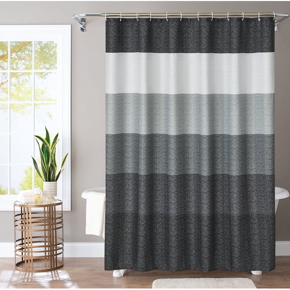Waffle Weave Ombre Stripe Fabric Shower Curtain with 12 hooks, Black,72" W x 72" H