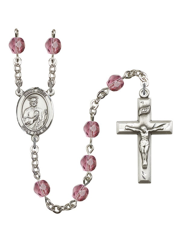 Bonyak Jewelry 18 Inch Rhodium Plated Necklace w/ 6mm Purple February Birth Month Stone Beads and Saint Jude Thaddeus Charm 