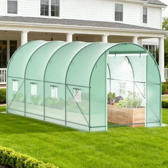 Walk-in Greenhouse with Watering System 15'x7'x7' Outdoor Tunnel Green House Garden