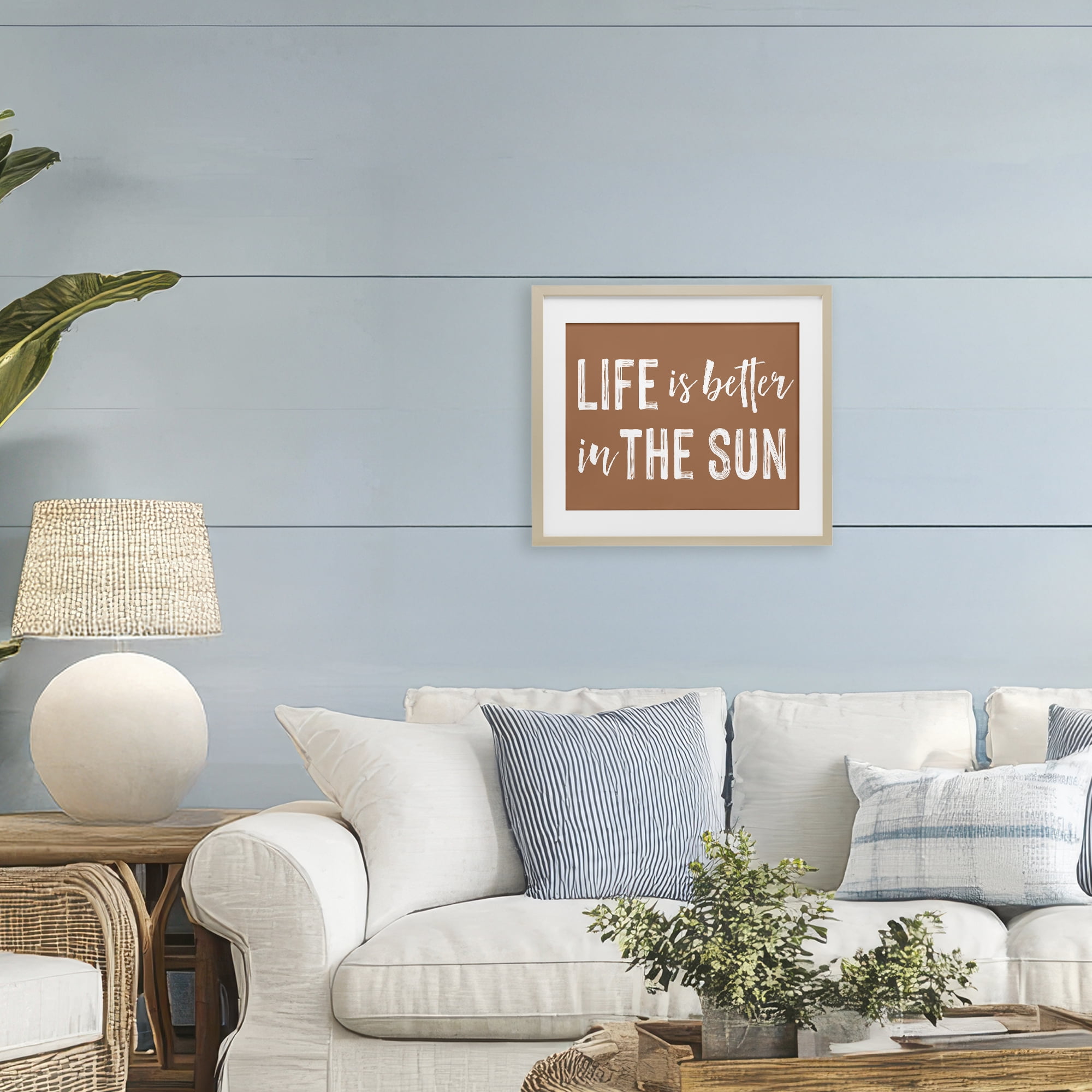 Life Better In Sun Brown Birch Framed Print Under Glass, design by Lettered and Lined