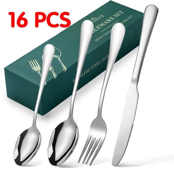 16-Piece Flatware Set Steak Knives Stainless Steel Kitchen Cutlery Fork Spoon Knife Dorm Utensils  Mirror Finish Restaurant Tableware Dishwasher Safe Silverware Set