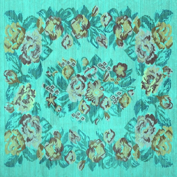 Ahgly Company Machine Washable Indoor Square Medallion Turquoise Blue French Area Rugs, 7' Square