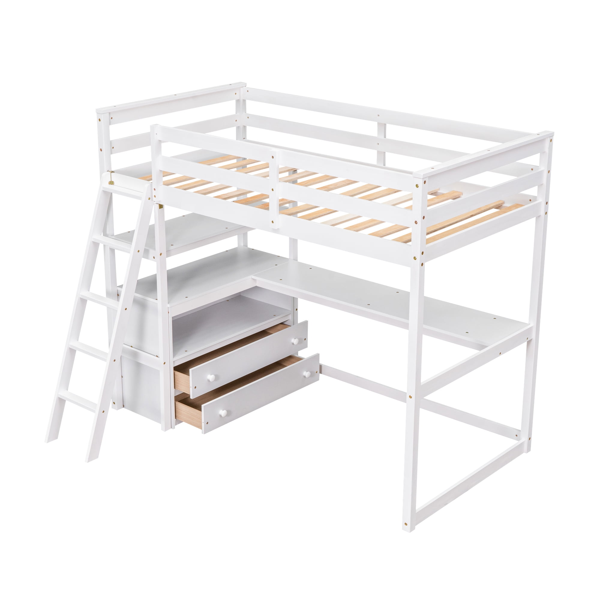 MAYEERTY Twin Size Loft Bed - Desk, Shelves & 2 Built-in Drawers, White