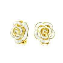 Bling Jewelry Womens Fashion Enamel 3D White Rose Flower Clip On Earrings Button Style for Non-Pierced Ears Gold Plated