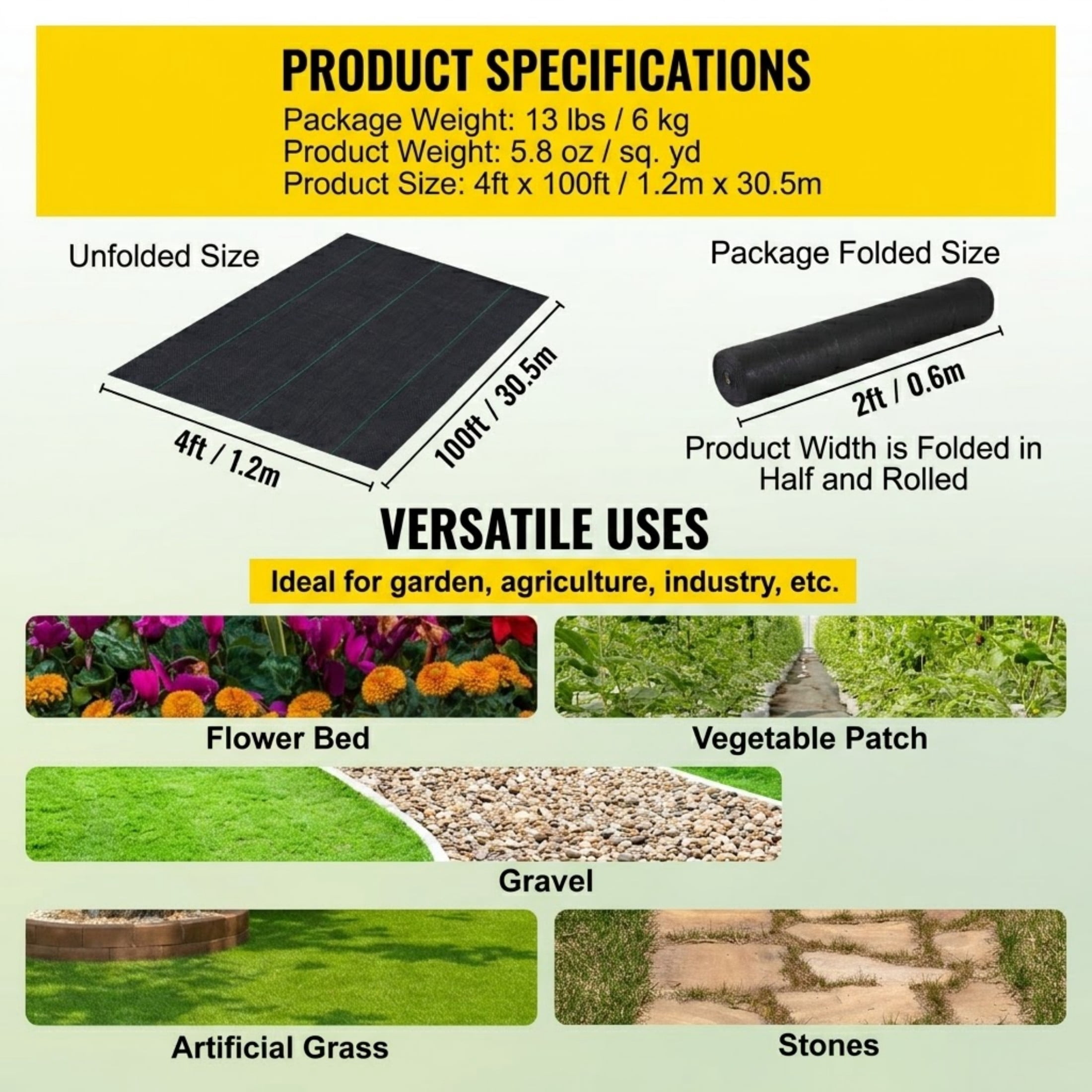 4ft x 100ft 5.8oz Weed Barrier, Heavy Duty Woven Landscape Fabric, Black