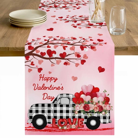 Valentine's Day Table Runner 72 Inches Long Farmhouse Dress Scarves, Ombre Pink Love Tree Truck Roses Plaid Dining Tablerunner for Coffee Table/Kitchen Island/Party Décor, 13" x 72"