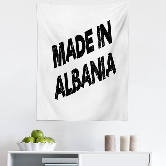 Albania Tapestry, Monochrome Graffiti Inspired Illustration of Grunge Inked Look Text, Fabric Wall Hanging Decor for Bedroom Living Room Dorm, 5 Sizes, Charcoal Grey and White, by Ambesonne