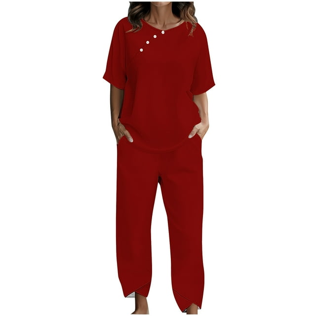Yuyuzo Womens Lounge Sets Crew Neck Button Tops Baggy Pants with Pockets 2 Piece Summer Matching Sets