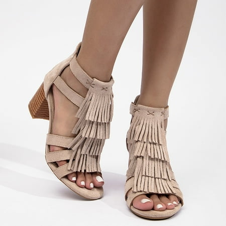 

Women‘s Tassel Stacked Heeled Sandals Open Toe Ankle Strap Back Zipper Chunky Heeled Sandals Women‘s Fashion Footwear
