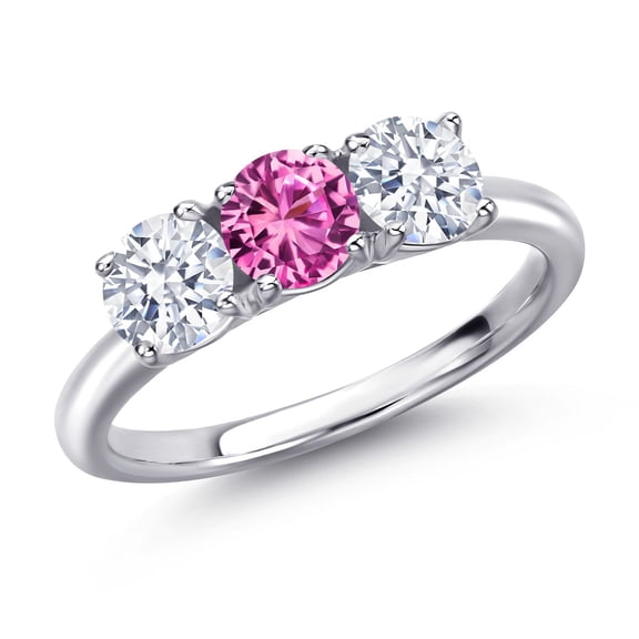 Gem Stone King 925 Sterling Silver Pink Created Sapphire and White Zirconia Engagement Ring for Women | 2.05 Cttw | Round 5MM | Gemstone September Birthstone | Size 6
