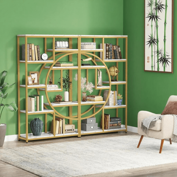 9-Tier Etagere Bookcase, Gold Metal Frame with White Marbling Boards, Half-Moon Silhouette, Industrial-Chic Design for Living Room/Home Office
