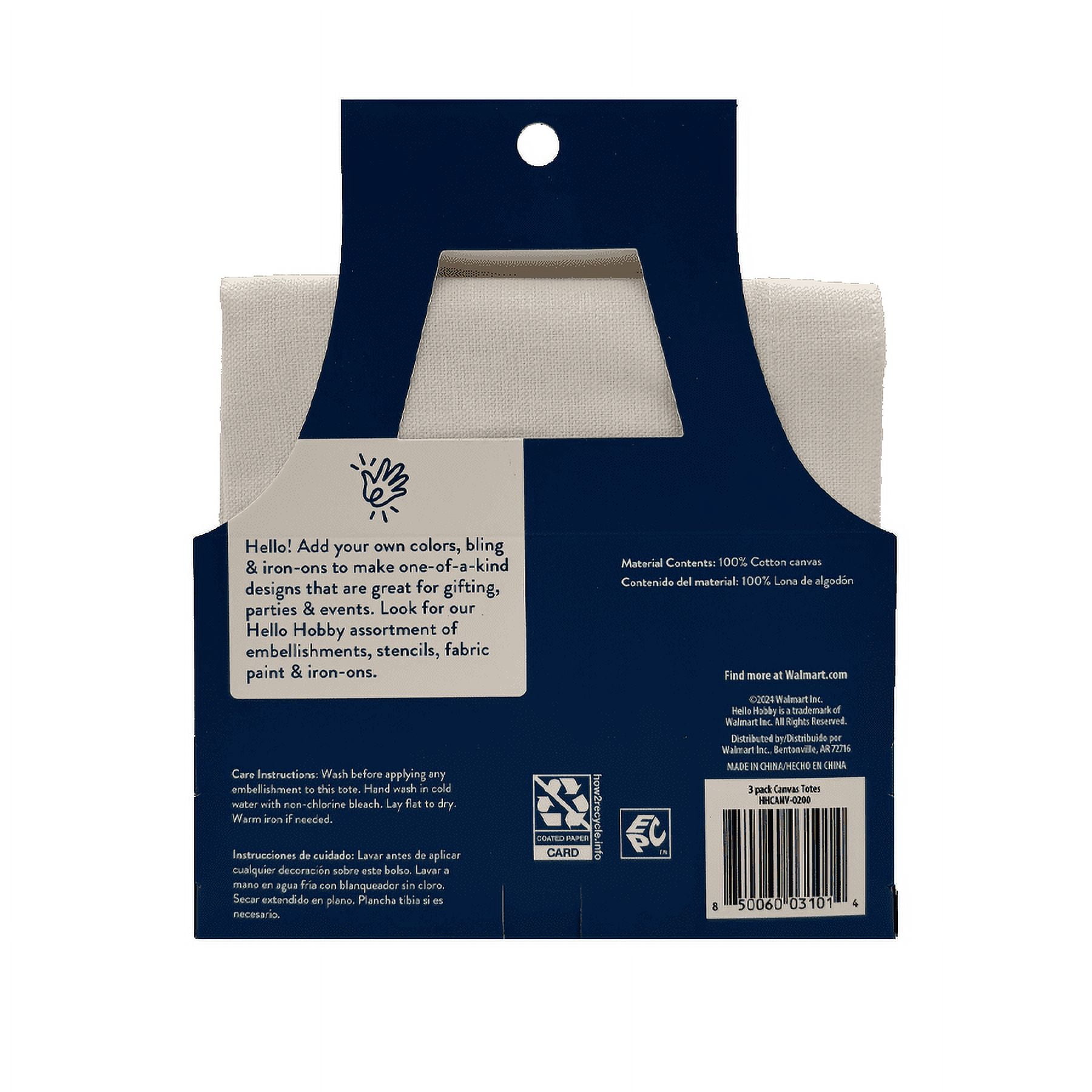 (2 pack) Hello Hobby, Large White Canvas Tote Bag With Strap, 3-Pack, 13.5” x 13.5” x 3.5”