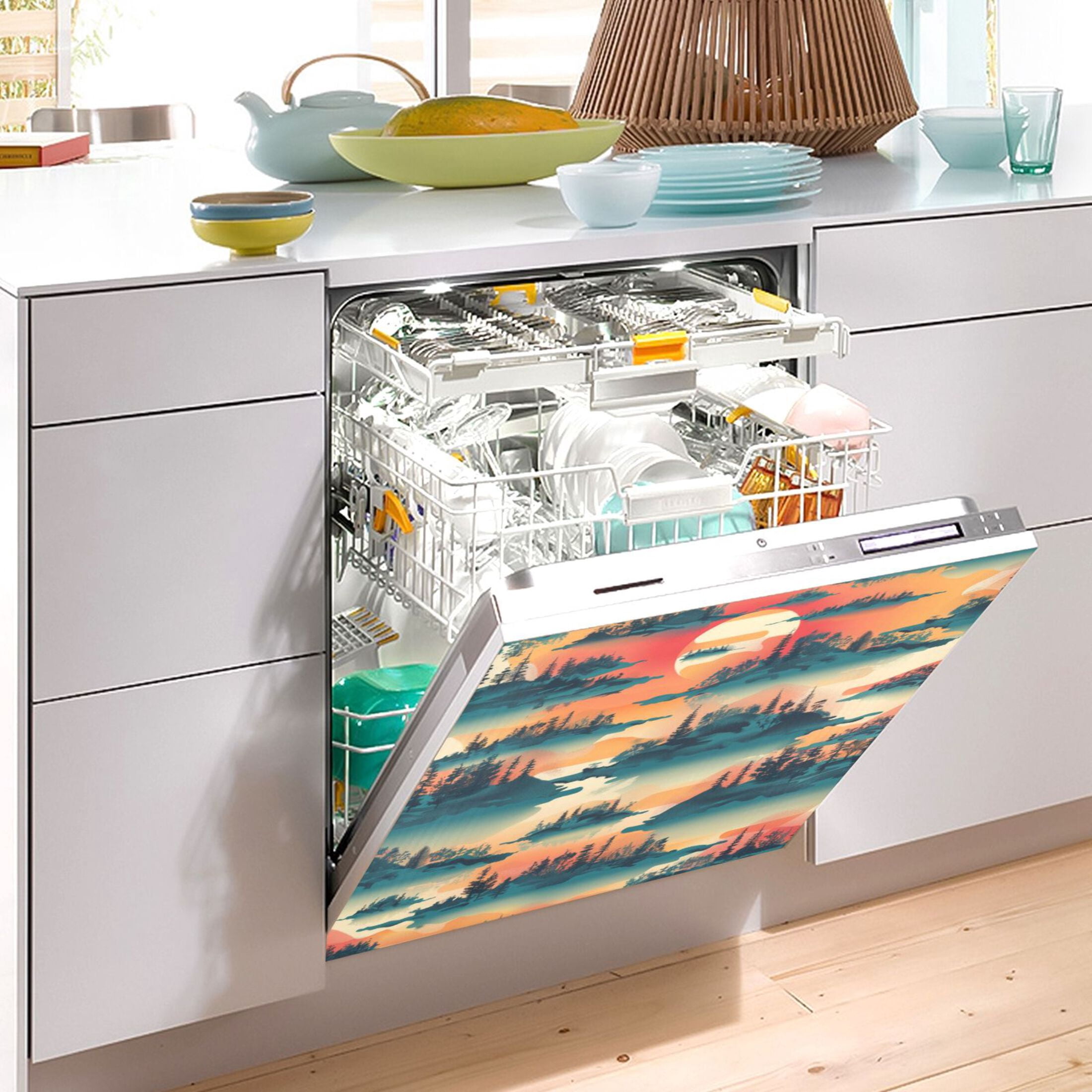 Dishwasher Magnetic Sticker 23x26 Inch Refrigerator Magnetic Sticker Washing Machine Magnetic Sticker Kitchen Panel Magnetic Sticker Home Decor Cartoon Sunsets and Trees