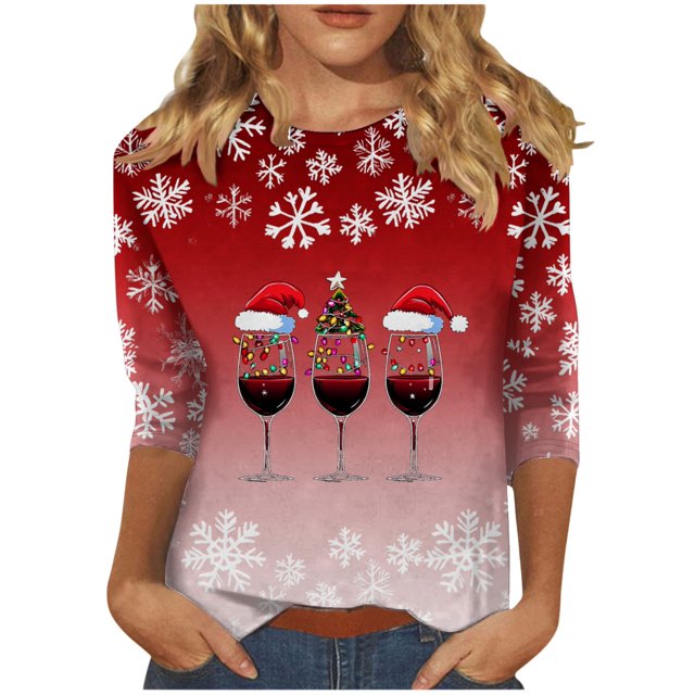 Lcziwo 3/4 Sleeve Tops for Women Fall Round Neck Christmas Holiday Shirts Funny Wine Glass Print Loose Blouses 2025 Fal Fashion Casual Tunic Tees Red,M