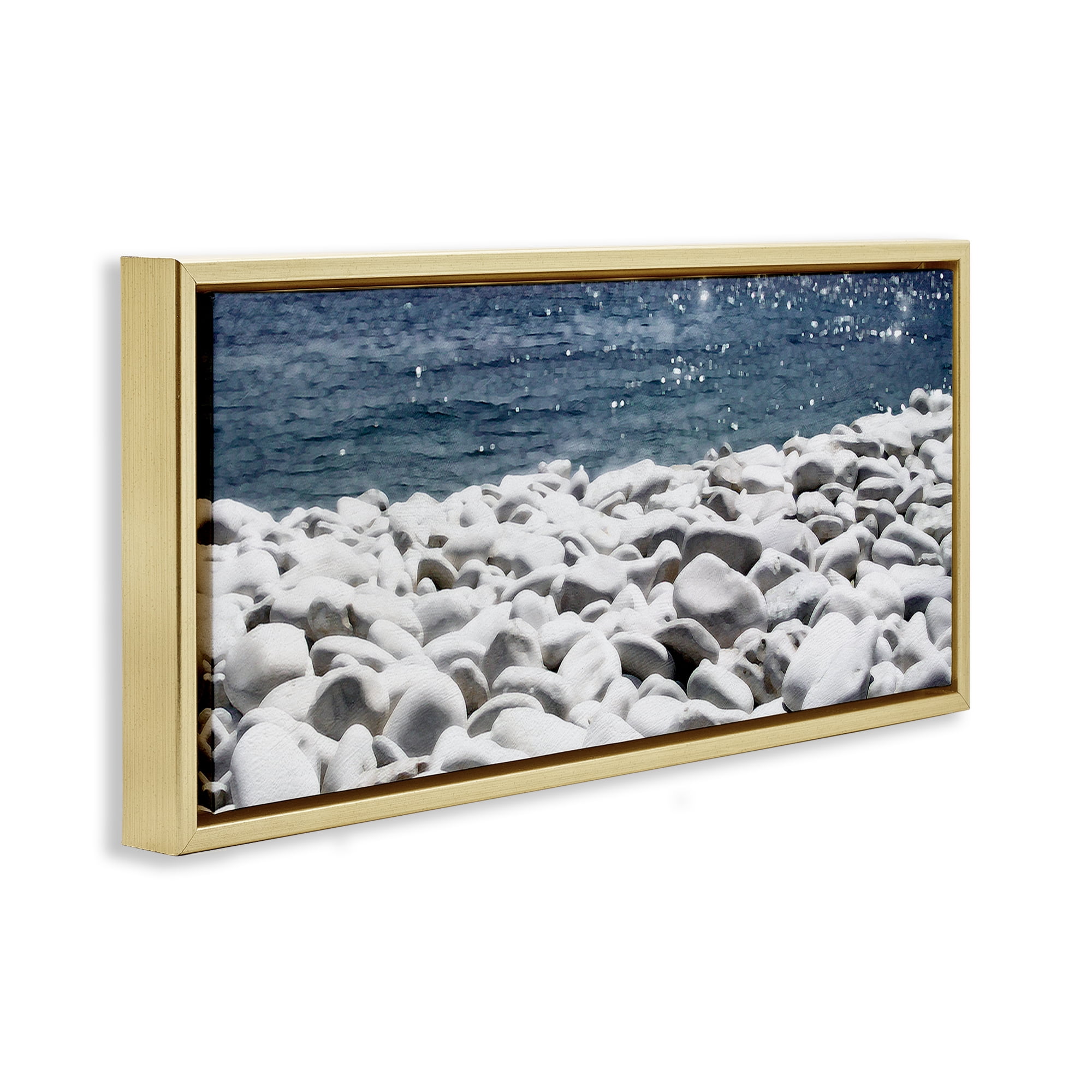 Stupell Industries Greek Pebbles Shore Landscape & Nature Photography Gold Floater Framed Canvas Art Print Wall Art, 25 x 11