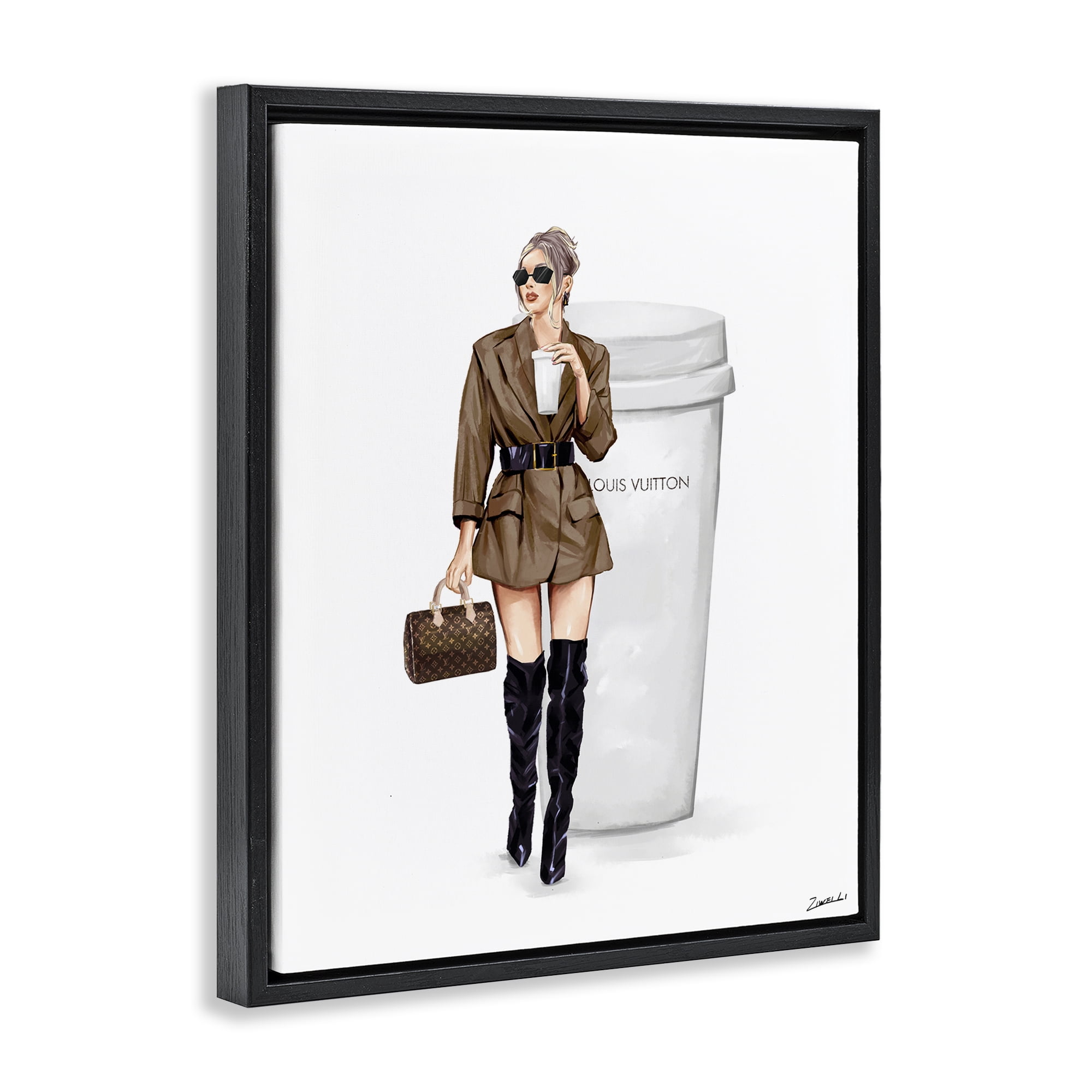 Stupell Industries Chic Fashion & Coffee Cup People Painting Black Floater Framed Canvas Art Print Wall Art, 17 x 21
