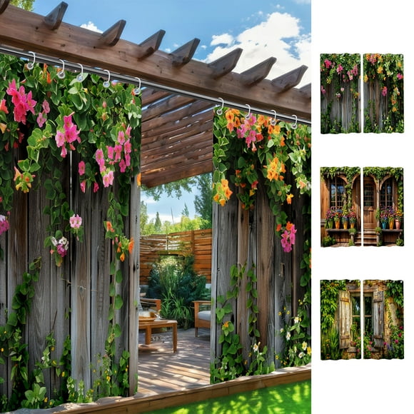 Bowayaoa Rideaux d'Extérieur Imperméables Rideaux de Patio avec Plantes Vertes et Fleurs, Panneaux de Rideaux Floraux Vintage Élégants pour Cour Balcon Ombrage Intimité