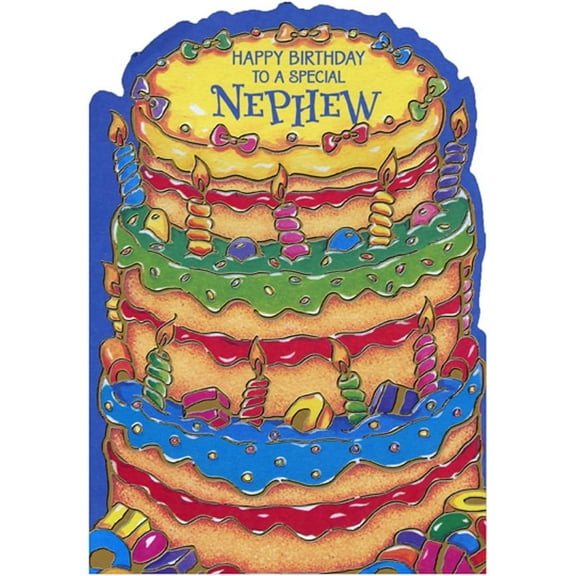 Designer Greetings Layer Cake with Gold Foil Candles and Trim Die Cut Juvenile Birthday Card for Young Nephew