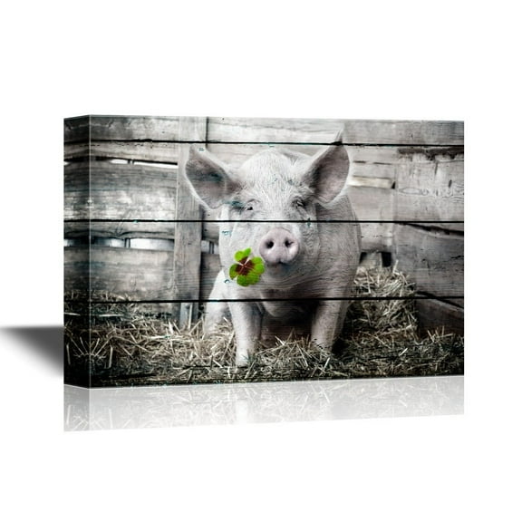 wall26 Canvas Print Wall Art Pig with Lucky Four Leaf Clover in Barn Animals Wildlife Photography Realism Rustic Scenic Nature Chic Colorful for Living Room, Bedroom, Office - 32"x48"