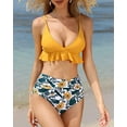 thumbnail image 4 of Women Two Piece Swimsuits High Waisted Ruffle Flounce Bikini V Neck Tummy Control Bathing Suit Yellow Floral (2XL, 4 of 5