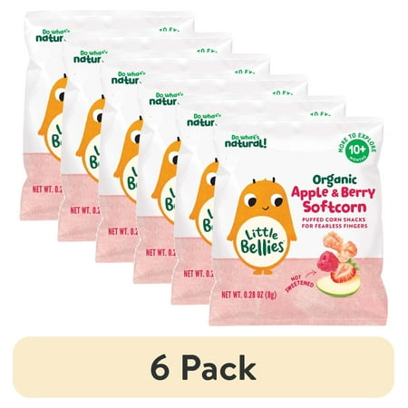 (6 pack) Little Bellies Organic Apple & Berry Softcorn Snack, Baby & Toddler Puff Snack, Age 10+ Months, 0.28 oz Bag