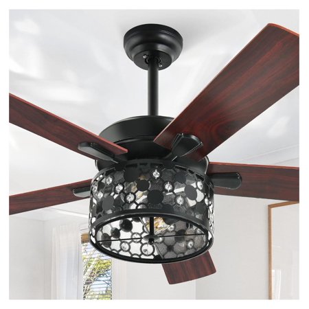 

Modern Chandelier Ceiling Fans with Light and Wall Switch 52 Inch Farmhouse Crystal Fan with 2 Bulbs Reversible Motor for Outdoor Indoor Bedroom Patio Black & Walnut