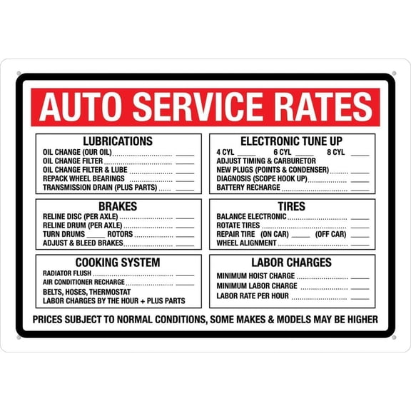 Auto Service Rates Aluminum Metal Sign Wall Plaque for Home Garage Shop Yard Repair Station Decor, Indoor Outdoor, 8 x 12 Inch