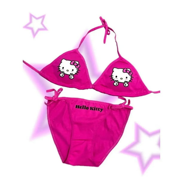 sexy hello kitty lingerie Kawai Hello Kitty Bikini Y2K Cartoon Sanrio Kitty Cat Hottie Girls  Suspender Bra Underwear Set Sexy Cute Triangle Cup Swimsuit