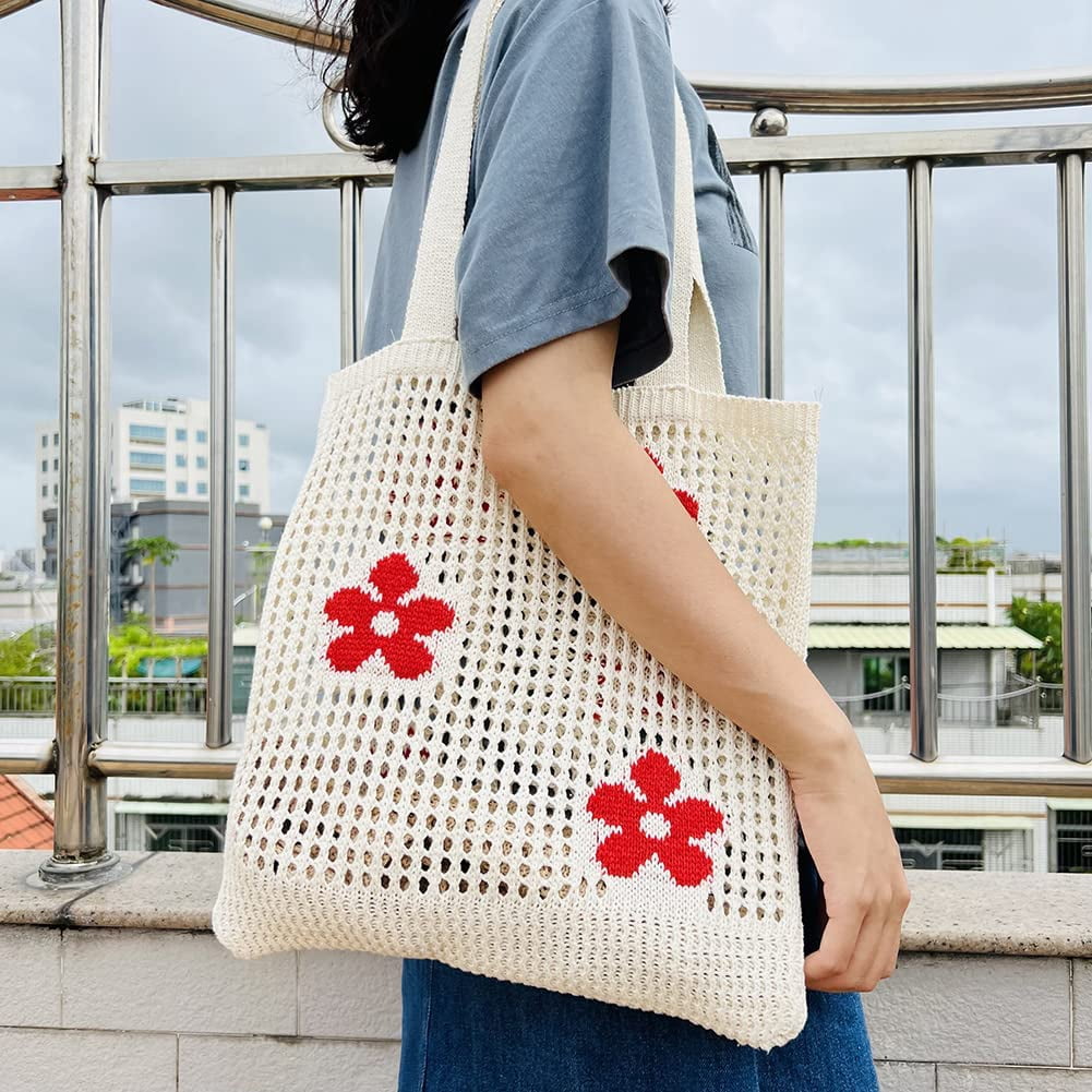 CoCopeaunt Crochet Bags for Women Knitted Tote Bag Faircore Hobo Bag Aesthetic Fairy Grunge Tote Bag Hollow Shoulder Handbags