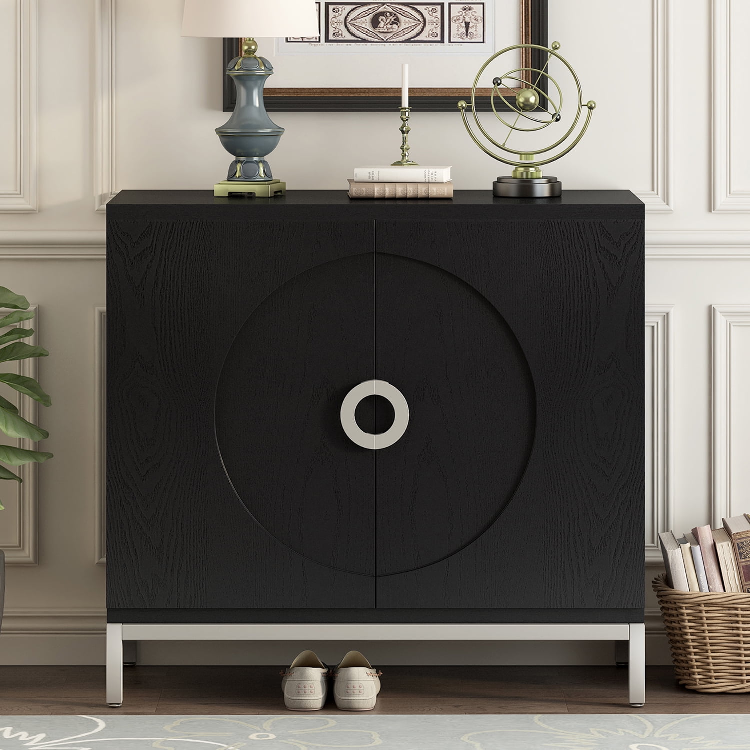 Kadyn Sideboard Buffet Cabinet, Accent Cabinet with Solid Wood Veneer and Metal Leg Frame, Kitchen Storage Cabinet for Entryway,Black