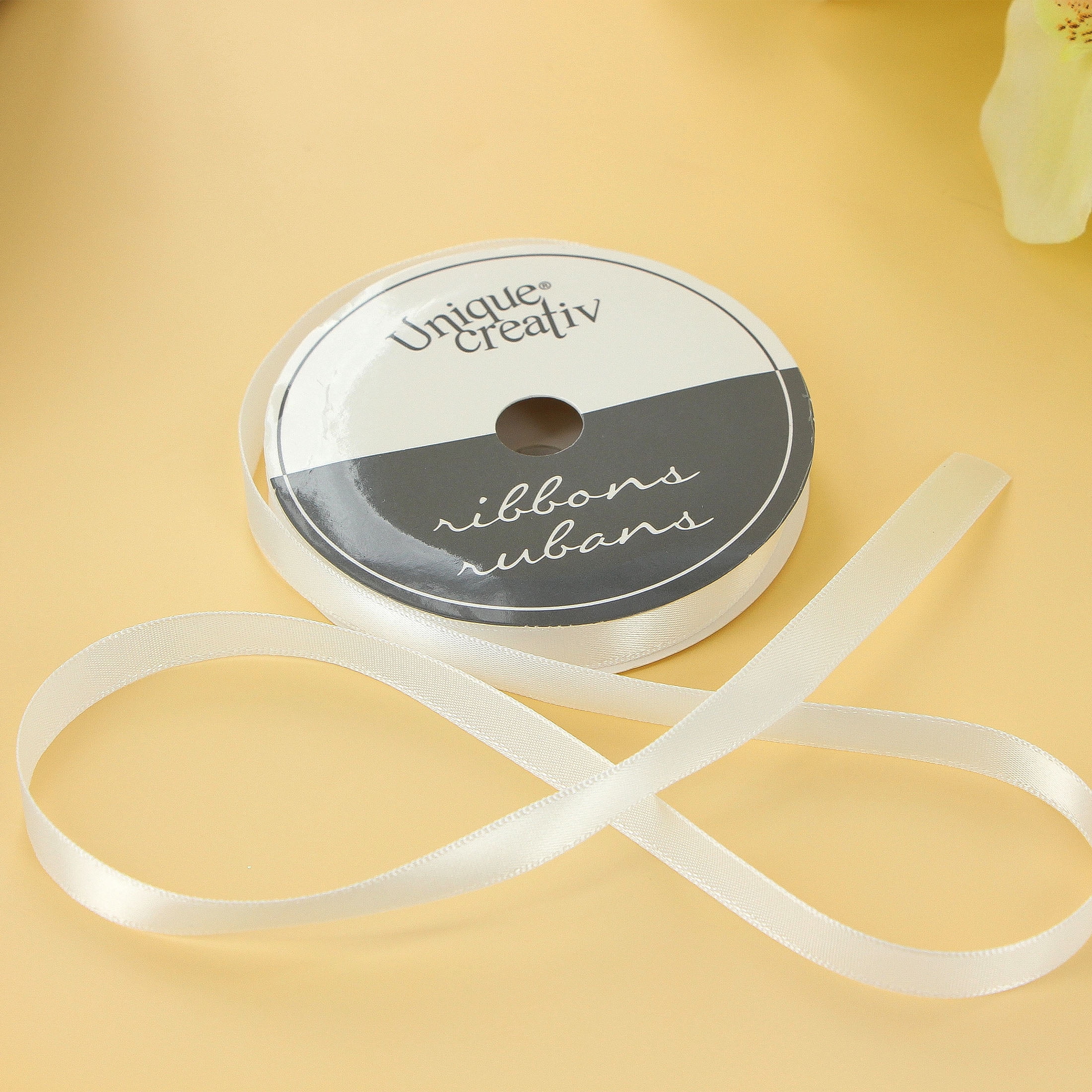 UNIQUE CREATIV, Ribbon, Single Face Satin, White, 100% polyester, 9mm x 5.5m ( ⅜" x 6 yds)
