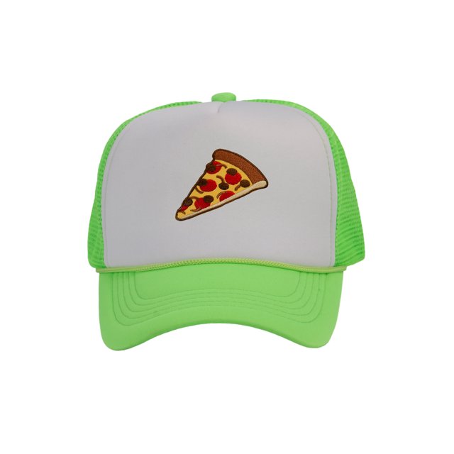 Adult Men's Pepperoni Pizza Slice Rope Foam Trucker Hat, White/Neon Green