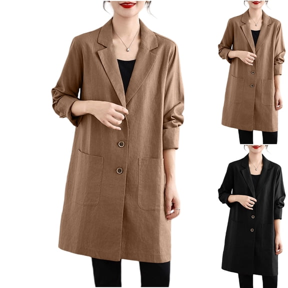 FNFYFH Long Linen Blazer Women Long Sleeve Button Down Trench Coat Loose Fit Lightweight Blazers with Pockets