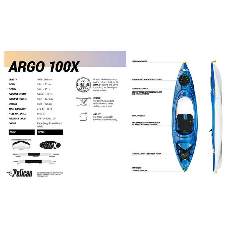 Pelican - Argo 100X - Sit-in Recreational Kayak - 10 ft - Fade Deep Blue  White