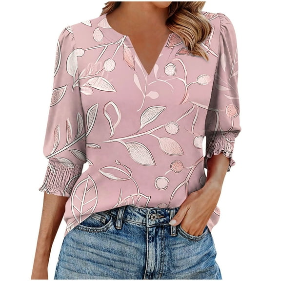 Ruimatai Women's Casual 3/4 Sleeve Blouse Floral Printed Smocked Cuff Tops Comfortable Stretch Fit T-Shirt
