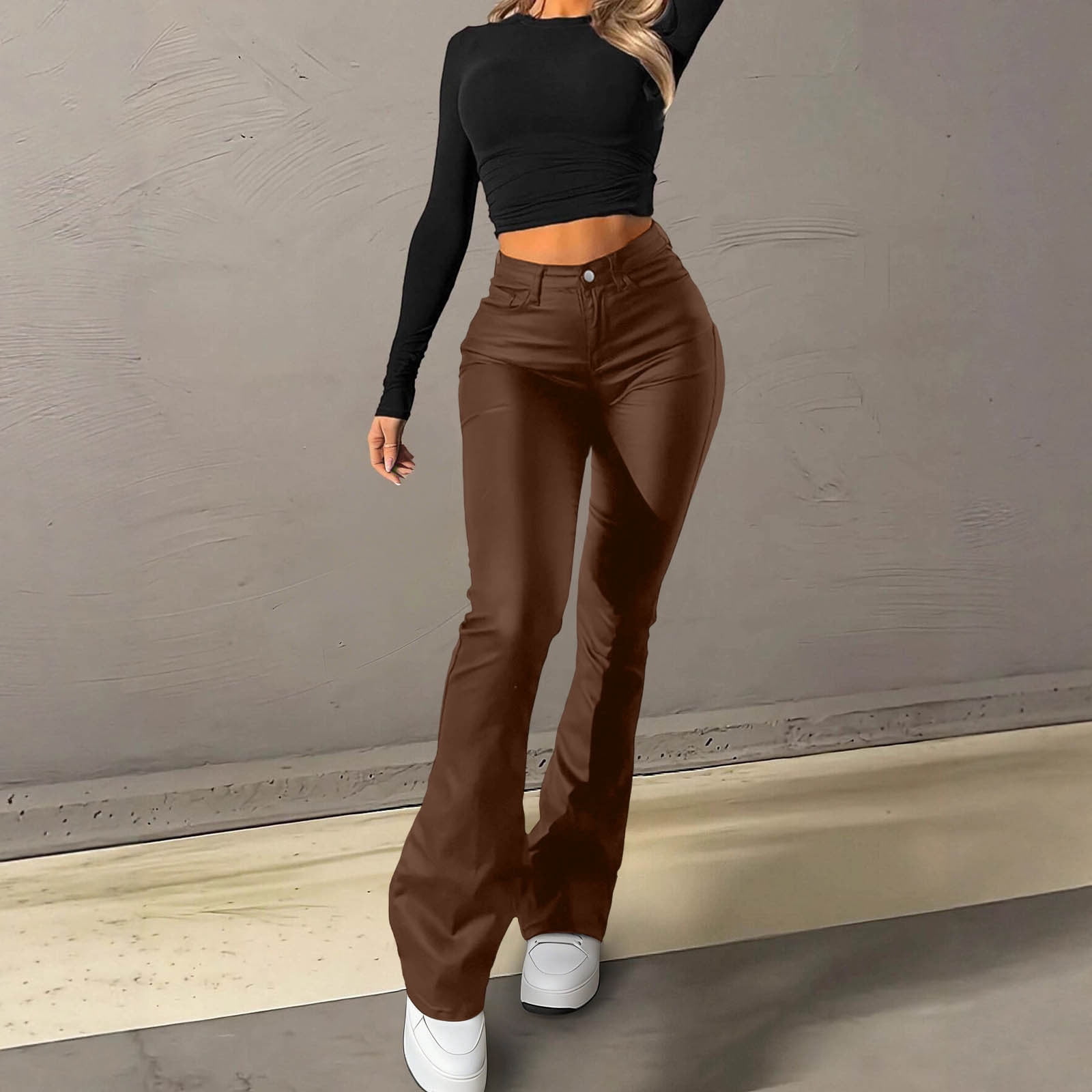 QUNYINEY Faux Leather Compression Leggings for Women Brown Casual Tummy Control Jegging with Pockets Skinny Flare Leggings