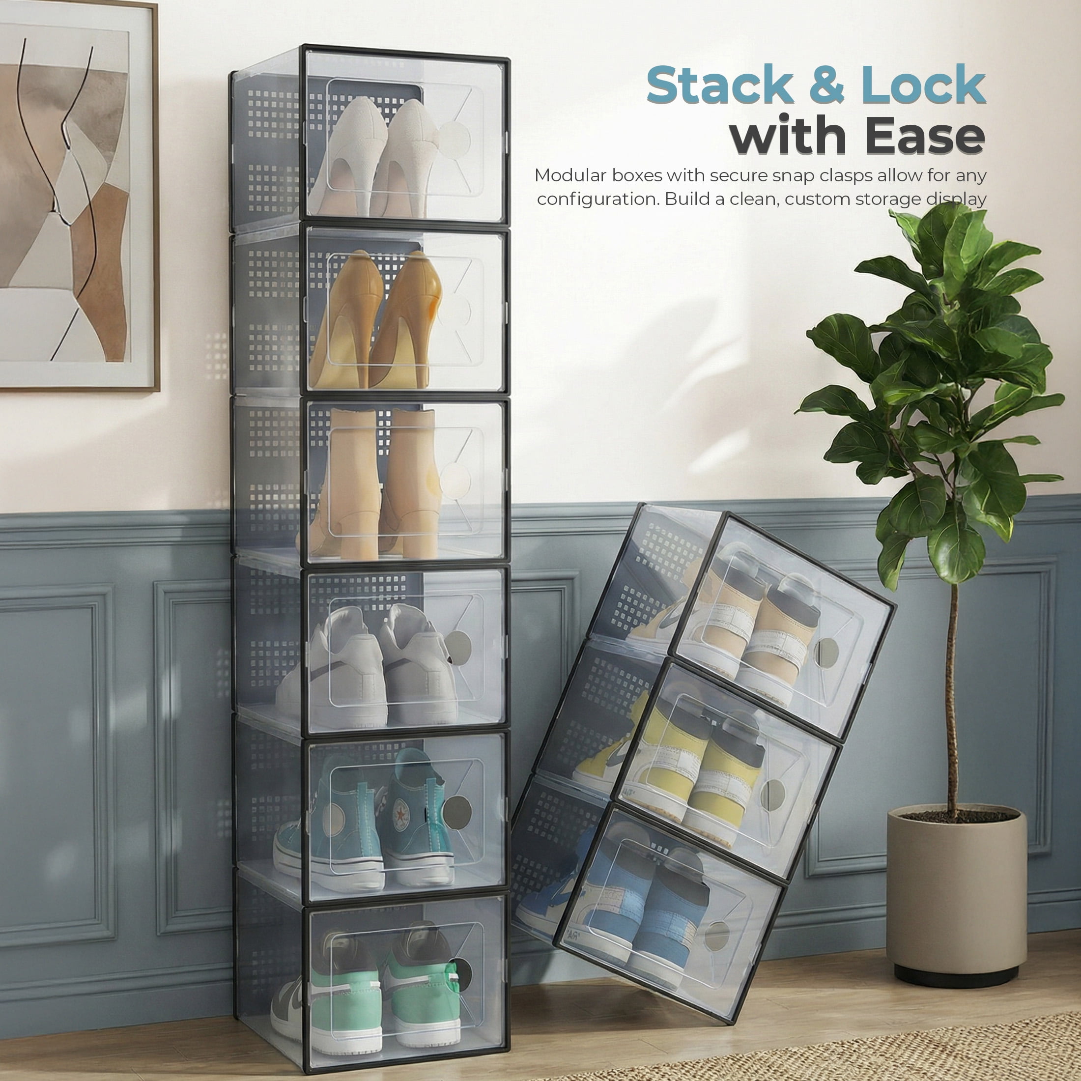 EDX 12-Pack Stackable Clear Shoe Box Organizer, Plastic Storage Bins for Closet Hallway & Bedroom, Ventilated & Stackable Shoe Storage Container Set Holds Shoes up to US Size 9, Black