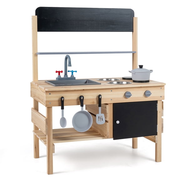Costway Outdoor Mud Kitchen for Kids, Wooden Play Pretend Kitchen with Cooking Accessories Natural