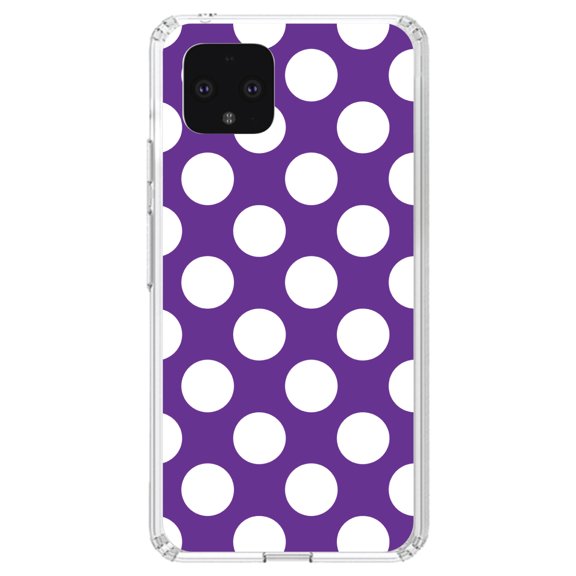 DistinctInk Clear Shockproof Hybrid Case for Google Pixel 4 XL (6.3" Screen) - TPU Bumper, Acrylic Back, Tempered Glass Screen Protector - White & Purple Polka Dots