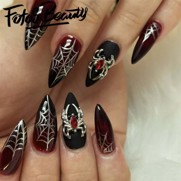 Fofosbeauty 24 Pcs Ongles, Ongles Postiches en Acrylique à Presser Couverture Complète Extension Longue Durée pour Filles Femmes, Toile d'Araignée Dégradé Amande Noir et Rouge