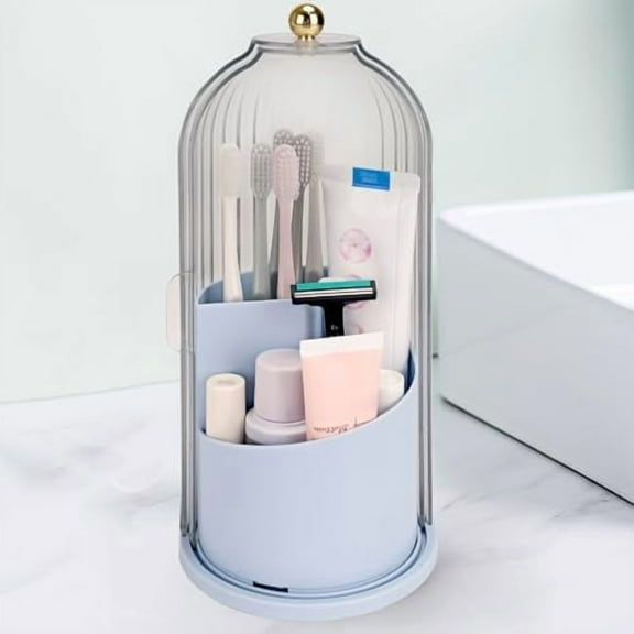 Toothbrush Holders with Sliding Lid, Rotating 3 Slots Bathroom Organizer Countertop, Tooth Brush Toothpaste Holder Bathroom Counter Stand Sink Organizer Caddy for Makeup Brushes Holder (Blue)