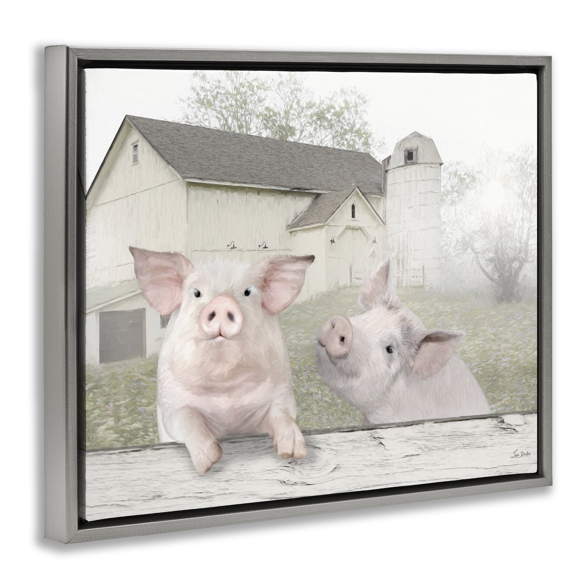 Stupell Industries Piglets Farm Scenery Animals & Insects Painting Gray Floater Framed Canvas Art Print Wall Art, 21 x 17