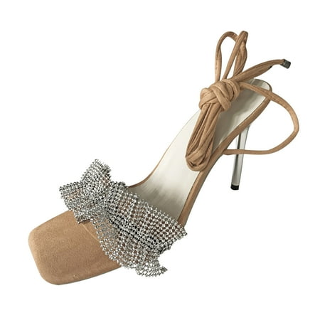 

QISIWOLE Sandals Women Summer High Heels Women s New Heel Strap Banquet Rhinestone Open Toe Sandals