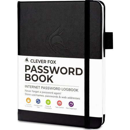 Clever Fox Password Book with tabs. Internet Address and Password Organizer Logbook with alphabetical tabs. Small Pocket Size Password Keeper Journal Notebook for Computer & Website Logins (Black)